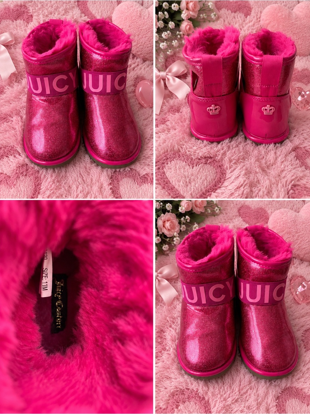 Juicy Couture Girls Hot Pink Glitter Faux-Fur Pull-On Boots